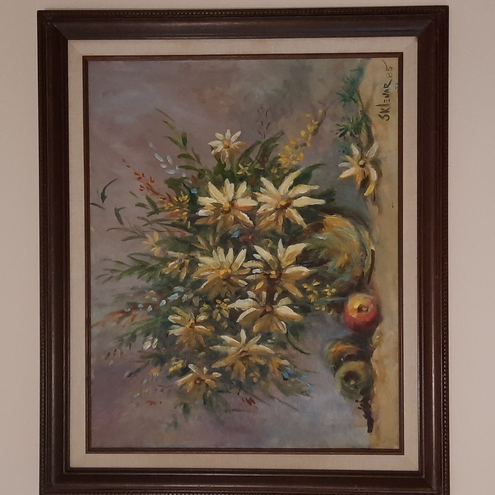 Beautiful 85 Floral And fruit painting yellow green in brown Frame